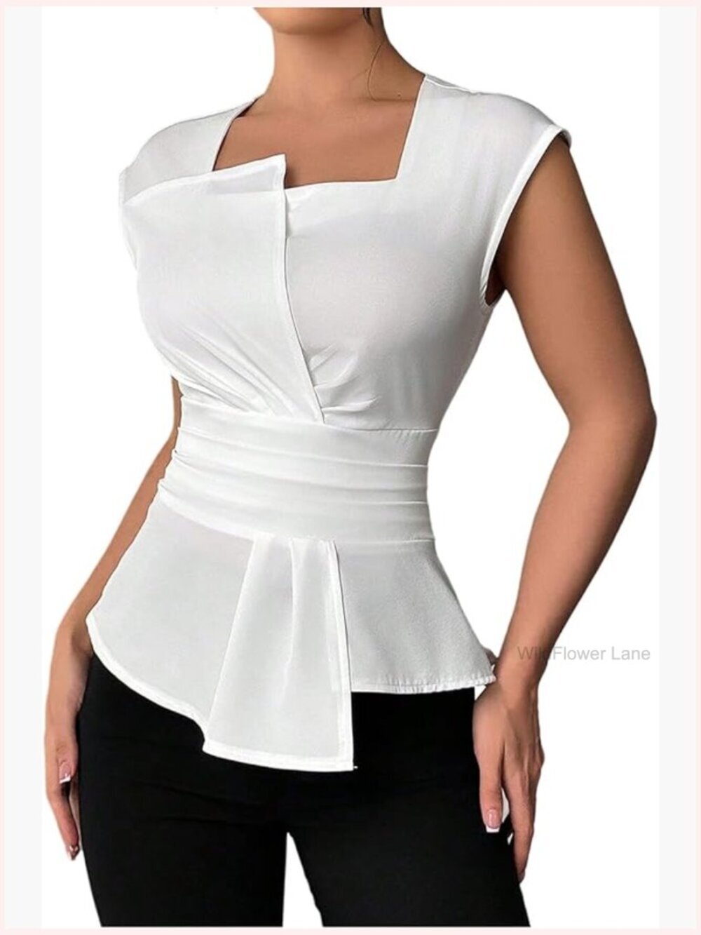 Square Neck Peplum Top Cap Sleeve Ruched Asymmetrical Blouse